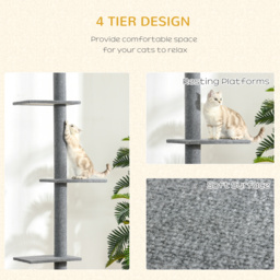 PawHut Cat Tree Tower, Floor to Ceiling with 3 Perches, Scratching Posts, Activity Centre for Kittens, Grey - Aosom UK - thumbnail 6