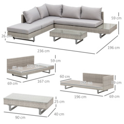 Outsunny 5-Seater Rattan Garden Furniture Wicker Conservatory Corner Sofa Set Chaise Lounge with Coffee Table, Side Table & Cushions – Grey - thumbnail 3