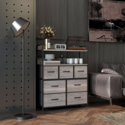 HOMCOM Rustic Chest of Seven Fabric Drawers - Grey Wood Effect - Aosom UK - thumbnail 2