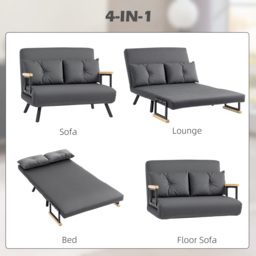 HOMCOM 4-in-1 Velvet-Feel Double Sofa Bed, with Pillows - Dark Grey - thumbnail 4