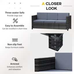 Outsunny 3-Seater All Weather Outdoor Sofa, Rattan Wicker Weave with Metal Frame and Fire Resistant Cushion, Grey - Aosom UK - thumbnail 5