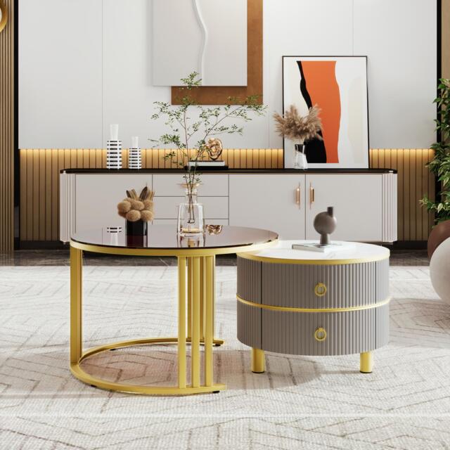 Stylish 2-In-1 Round Coffee Table Set with High-Gloss Top, Space-Saving Center Table Set with 2 Drawers, 70L x 70W x 45H cm, Grey+Brown - Aosom UK - image 1