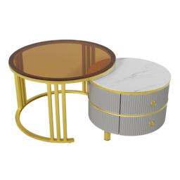 Stylish 2-In-1 Round Coffee Table Set with High-Gloss Top, Space-Saving Center Table Set with 2 Drawers, 70L x 70W x 45H cm, Grey+Brown - Aosom UK - thumbnail 9