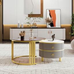 Stylish 2-In-1 Round Coffee Table Set with High-Gloss Top, Space-Saving Center Table Set with 2 Drawers, 70L x 70W x 45H cm, Grey+Brown - Aosom UK