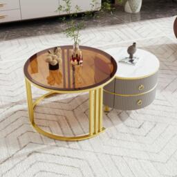 Stylish 2-In-1 Round Coffee Table Set with High-Gloss Top, Space-Saving Center Table Set with 2 Drawers, 70L x 70W x 45H cm, Grey+Brown - Aosom UK - thumbnail 4
