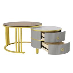 Stylish 2-In-1 Round Coffee Table Set with High-Gloss Top, Space-Saving Center Table Set with 2 Drawers, 70L x 70W x 45H cm, Grey+Brown - Aosom UK - thumbnail 8