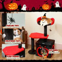 PawHut Cat Tree, Gothic Cat Tower with Scratching Posts, Cute Condo, Coffin Platform, Bed and Spider Toy, Halloween - thumbnail 6