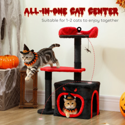 PawHut Cat Tree, Gothic Cat Tower with Scratching Posts, Cute Condo, Coffin Platform, Bed and Spider Toy, Halloween - thumbnail 4