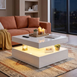 HOMCOM LED Coffee Table with Storage, 2-Tier Modern Centre Table with Open Shelf and Remote for Living Room, High Gloss White - thumbnail 8