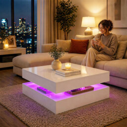 HOMCOM LED Coffee Table with Storage, 2-Tier Modern Centre Table with Open Shelf and Remote for Living Room, High Gloss White - thumbnail 9