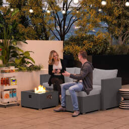 Outsunny Five Piece Rattan Garden Furniture Set with Gas Fire Pit Table and Footstool - Grey - thumbnail 2
