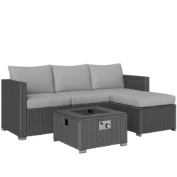Outsunny Five Piece Rattan Garden Furniture Set with Gas Fire Pit Table and Footstool - Grey - thumbnail 1