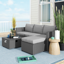 Outsunny Five Piece Rattan Garden Furniture Set with Gas Fire Pit Table and Footstool - Grey - thumbnail 9