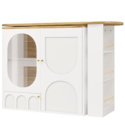 Bar Table with Storage Shelves, 360° Rotating Dining Table & Sideboard with Metal Handles, Space-Saving, 204x39x105 cm, White - Aosom UK - thumbnail 2