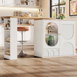 Bar Table with Storage Shelves, 360° Rotating Dining Table & Sideboard with Metal Handles, Space-Saving, 204x39x105 cm, White - Aosom UK