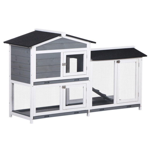 PawHut Wooden 2-Tier Rabbit Hutch w/ Tray Ramp Grey - image 1