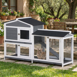 PawHut Wooden 2-Tier Rabbit Hutch w/ Tray Ramp Grey - thumbnail 2