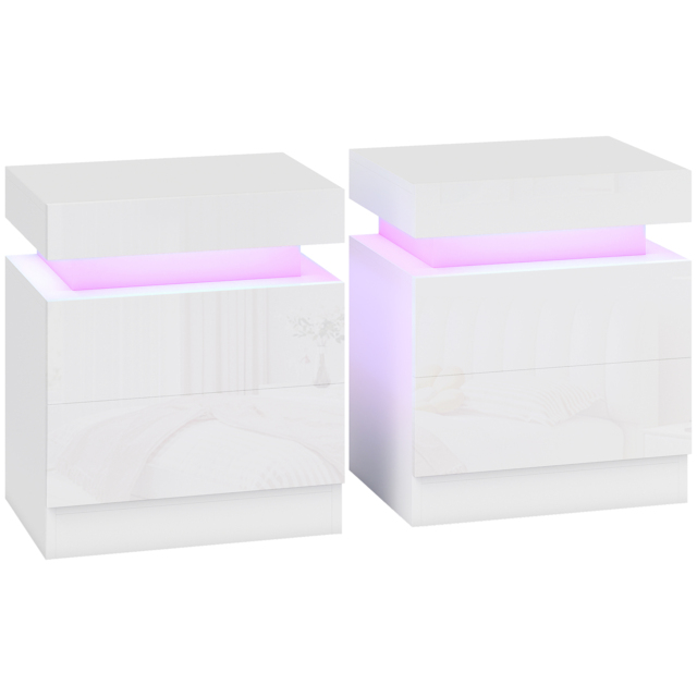 HOMCOM White Bedside Table with LED Light, High Gloss Front Nightstand with 2 Drawers, for Living Room, Bedroom, Set of 2 - image 1