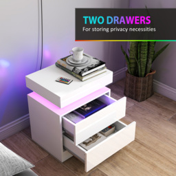 HOMCOM White Bedside Table with LED Light, High Gloss Front Nightstand with 2 Drawers, for Living Room, Bedroom, Set of 2 - thumbnail 6
