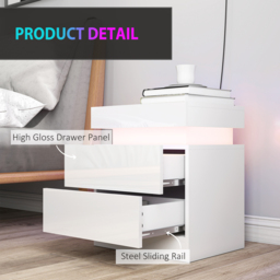 HOMCOM White Bedside Table with LED Light, High Gloss Front Nightstand with 2 Drawers, for Living Room, Bedroom, Set of 2 - thumbnail 7