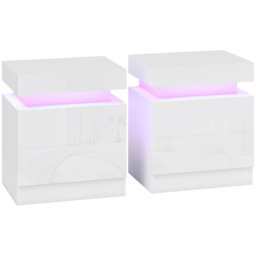 HOMCOM White Bedside Table with LED Light, High Gloss Front Nightstand with 2 Drawers, for Living Room, Bedroom, Set of 2 - thumbnail 1
