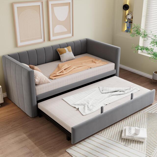 Space-Saving Daybed with Pull-Out Trundle, Ideal Bed Frame for Studios or Multi‑Purpose Guest-Spaces, 200L x 140W x 100H cm, Grey - Aosom UK - image 1