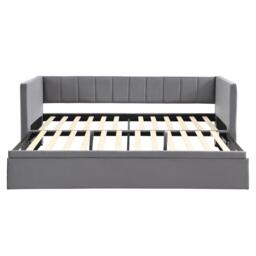 Space-Saving Daybed with Pull-Out Trundle, Ideal Bed Frame for Studios or Multi‑Purpose Guest-Spaces, 200L x 140W x 100H cm, Grey - Aosom UK - thumbnail 2