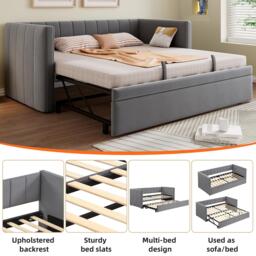 Space-Saving Daybed with Pull-Out Trundle, Ideal Bed Frame for Studios or Multi‑Purpose Guest-Spaces, 200L x 140W x 100H cm, Grey - Aosom UK - thumbnail 4