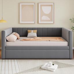 Space-Saving Daybed with Pull-Out Trundle, Ideal Bed Frame for Studios or Multi‑Purpose Guest-Spaces, 200L x 140W x 100H cm, Grey - Aosom UK - thumbnail 6