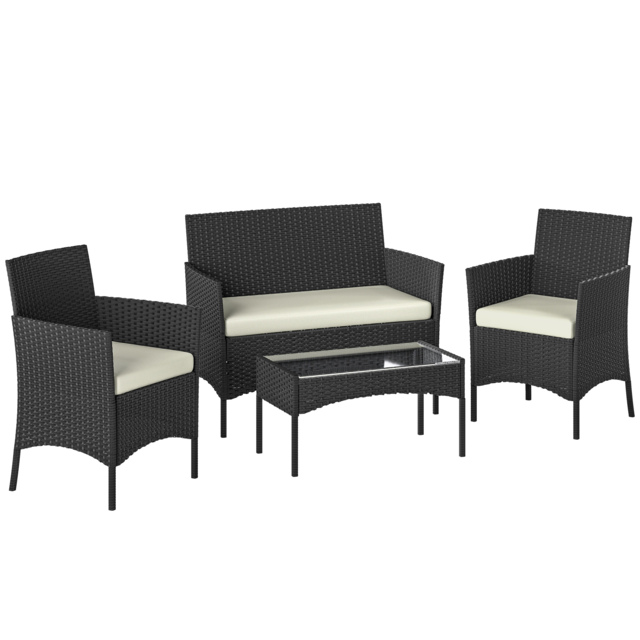 Outsunny 4 Piece Rattan Garden Furniture Sofa Set with Loveseat, Armchairs, Glass-Top Coffee Table and Cushions, Cream White - image 1