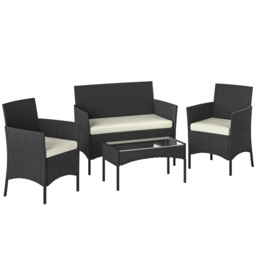 Outsunny 4 Piece Rattan Garden Furniture Sofa Set with Loveseat, Armchairs, Glass-Top Coffee Table and Cushions, Cream White - thumbnail 1