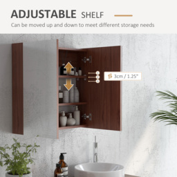 Kleankin Wall Mounted Glass Bathroom Mirror Cabinet with Storage Shelf, Light Walnut Finish, 63W x 60H x 13.5T cm - Aosom UK - thumbnail 5
