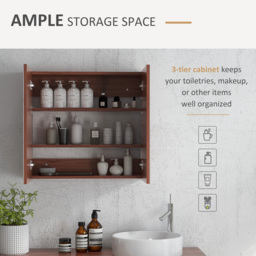 Kleankin Wall Mounted Glass Bathroom Mirror Cabinet with Storage Shelf, Light Walnut Finish, 63W x 60H x 13.5T cm - Aosom UK - thumbnail 4