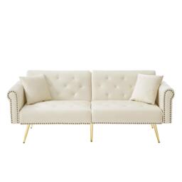 2-Seater Modern Sofa Bed with Independent Backrests, Gold-Plated Metal Feet, Velvet Couch for Living Room, 177L x 74W x 71H cm, White - Aosom UK - thumbnail 2