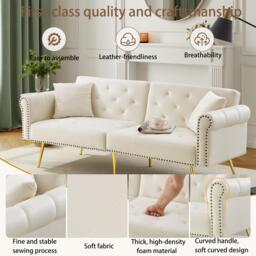2-Seater Modern Sofa Bed with Independent Backrests, Gold-Plated Metal Feet, Velvet Couch for Living Room, 177L x 74W x 71H cm, White - Aosom UK - thumbnail 5