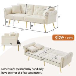 2-Seater Modern Sofa Bed with Independent Backrests, Gold-Plated Metal Feet, Velvet Couch for Living Room, 177L x 74W x 71H cm, White - Aosom UK - thumbnail 3
