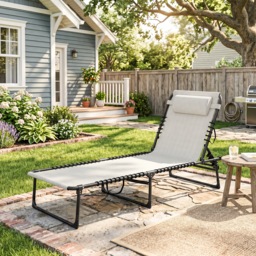 Outsunny Folding Chaise Lounge Chair Reclining Garden Sun Lounger with 4-Position Adjustable Backrest for Patio, Deck, and Poolside, Cream White - thumbnail 9