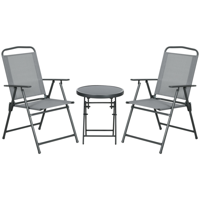 Outsunny 3 Pcs Garden Table and Chairs, Outdoor Bistro Set, Patio Conversation Furniture Set w/ Foldable Armchairs, Glass Top Coffee Table, Light Grey - image 1