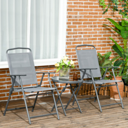 Outsunny 3 Pcs Garden Table and Chairs, Outdoor Bistro Set, Patio Conversation Furniture Set w/ Foldable Armchairs, Glass Top Coffee Table, Light Grey - thumbnail 2