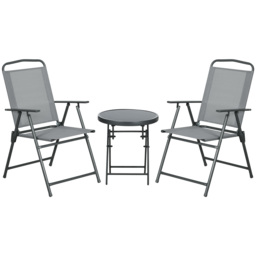 Outsunny 3 Pcs Garden Table and Chairs, Outdoor Bistro Set, Patio Conversation Furniture Set w/ Foldable Armchairs, Glass Top Coffee Table, Light Grey