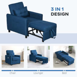 HOMCOM 3-In-1 Convertible Chair Bed, Pull Out Sleeper Chair, Fold Out Bed with Adjustable Backrest, Side Pockets, Cat Scratch Resistant, Blue - Aosom UK - thumbnail 6