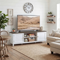 HOMCOM TV Stand for TVs up to 42 Inch, Farmhouse Entertainment Center with 2 Open Shelves, 2 Cabinets and Thick Top - thumbnail 2