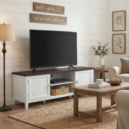 HOMCOM TV Stand for TVs up to 42 Inch, Farmhouse Entertainment Center with 2 Open Shelves, 2 Cabinets and Thick Top - thumbnail 9