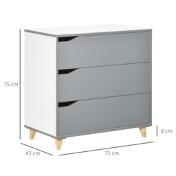 HOMCOM Drawer Chest, 3-Drawer Storage Cabinet Unit with Pine Wood Legs for Bedroom, Living Room, 75cmx42cmx75cm, Grey - thumbnail 3