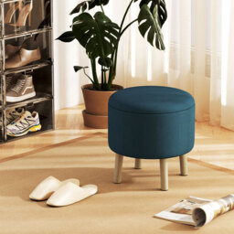 HOMCOM Round Ottoman, Linen Fabric Upholstered Footstool with Storage, Padded Seat & Wooden Legs, Blue - thumbnail 2