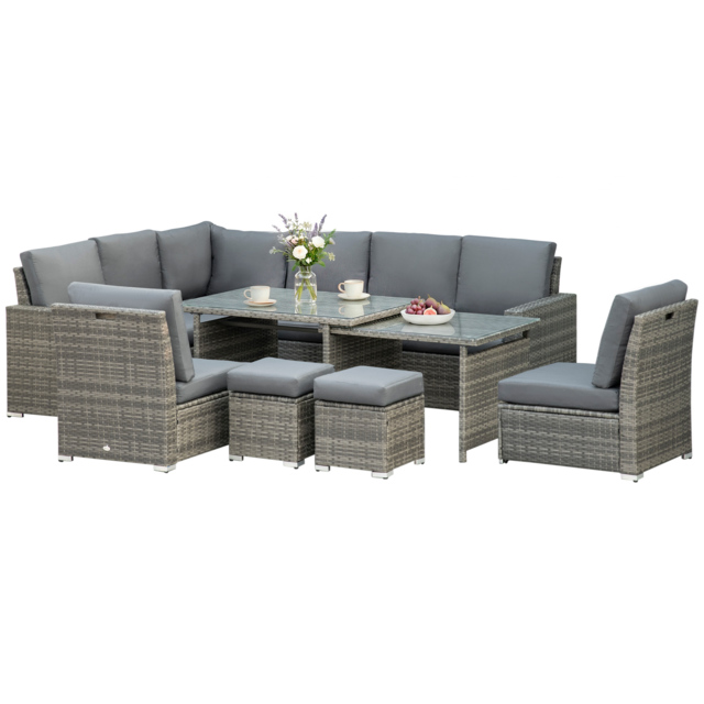 Outsunny 7 Piece Rattan Garden Furniture Set, 10-Seater Sofa Sectional with Cushioned Sofa Seat, Footstools and Expandable Glass Table for Yard Grey - image 1