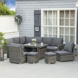 Outsunny 7 Piece Rattan Garden Furniture Set, 10-Seater Sofa Sectional with Cushioned Sofa Seat, Footstools and Expandable Glass Table for Yard Grey - thumbnail 8