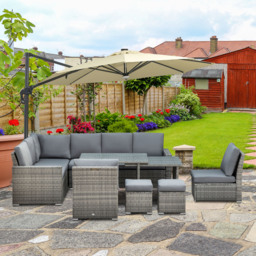 Outsunny 7 Piece Rattan Garden Furniture Set, 10-Seater Sofa Sectional with Cushioned Sofa Seat, Footstools and Expandable Glass Table for Yard Grey - thumbnail 9