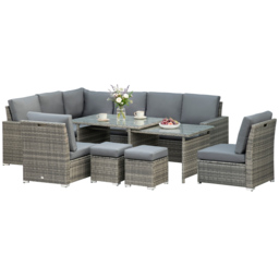 Outsunny 7 Piece Rattan Garden Furniture Set, 10-Seater Sofa Sectional with Cushioned Sofa Seat, Footstools and Expandable Glass Table for Yard Grey