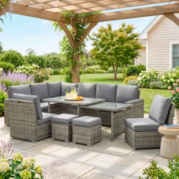 Outsunny 7 Piece Rattan Garden Furniture Set, 10-Seater Sofa Sectional with Cushioned Sofa Seat, Footstools and Expandable Glass Table for Yard Grey - thumbnail 2